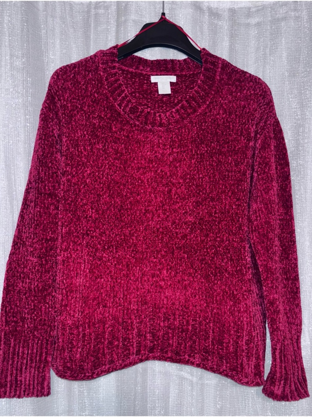 Christian Siriano Plush Chenille Crewneck Sweater in Deep Berry